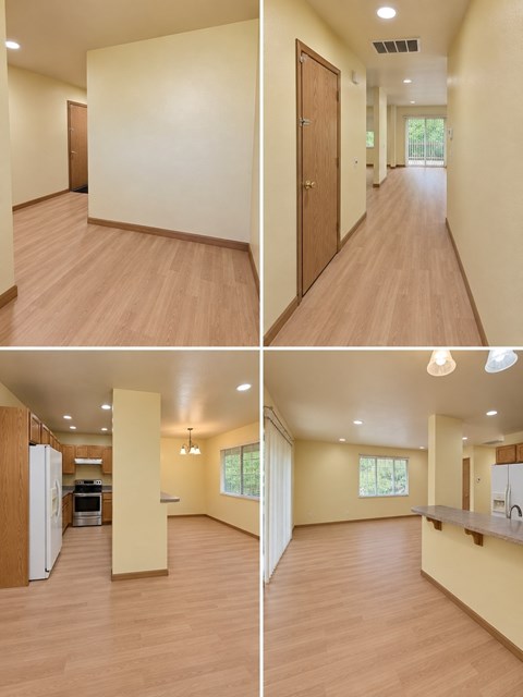 A series of images showing a kitchen and living room with wooden floors and white walls.