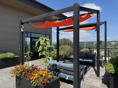 a canopy on a roof terrace with a view of the city at Spyglass Hill Apartments, Washington