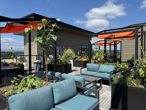a rooftop patio with blue couches and orange umbrellas at Spyglass Hill Apartments, Bremerton, WA