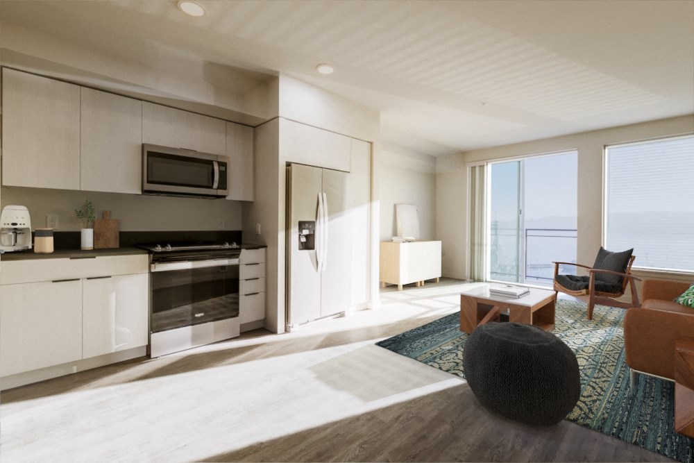 a rendering of a hotel room with a kitchen and living room