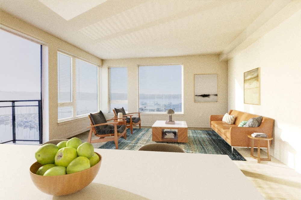 a living room with a table and a bowl of fruit