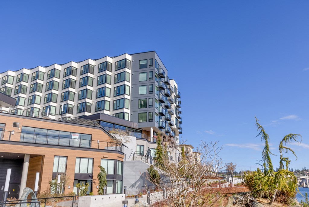 Front view of stunning apartment building with large windows at Marina Square, Bremerton