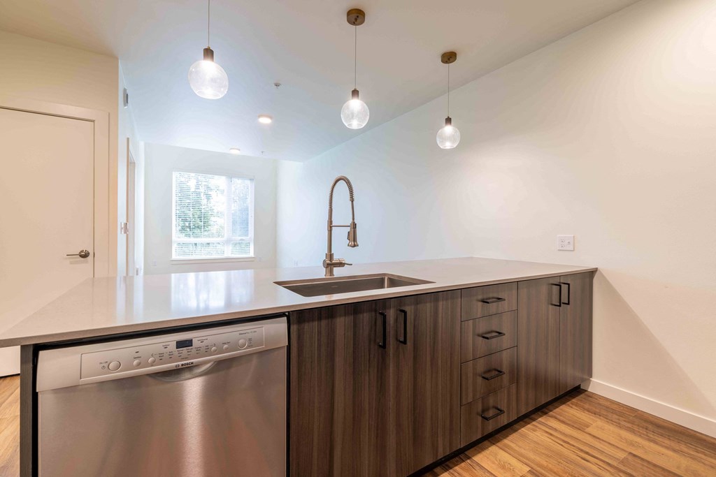 a kitchen with a stainless steel dishwasher and a sink at Rivulet, Silverdale, 98383