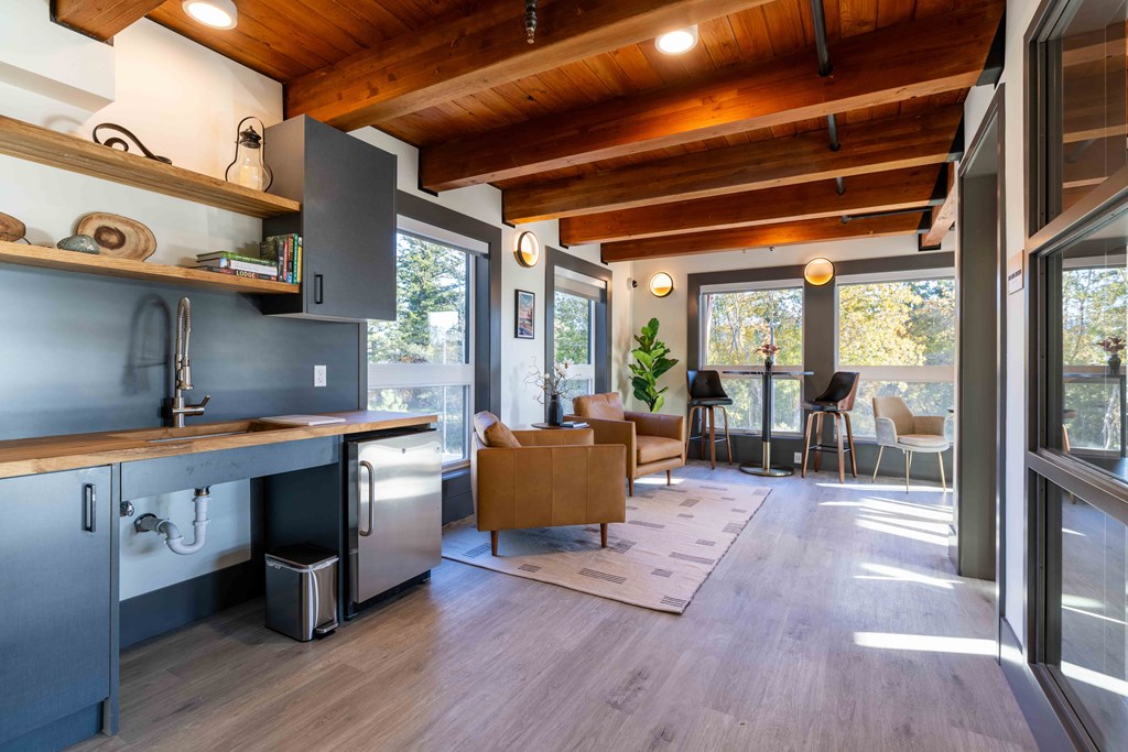 a kitchen and living room in a tiny house at Rivulet, Silverdale, WA