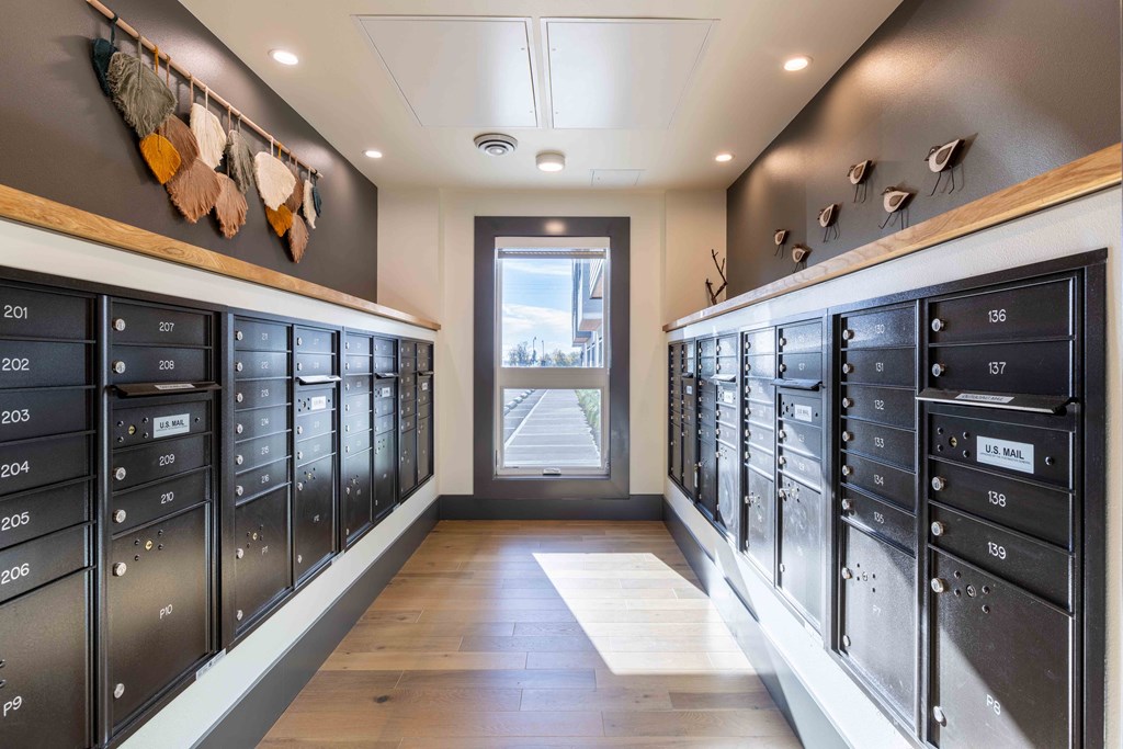 the mail room has plenty of mailboxes and a window at Rivulet, Washington, 98383