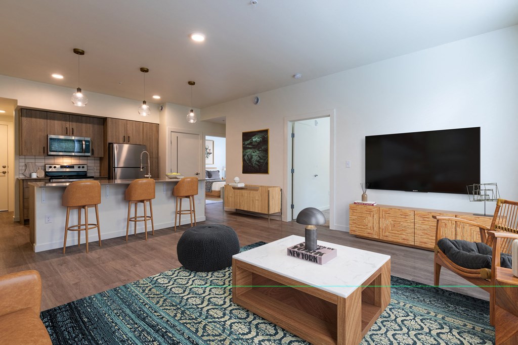 a living room with a kitchen and a television at Rivulet, Washington