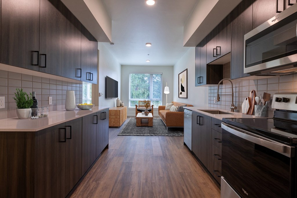 a kitchen and living room with a couch and a tv at Rivulet, Washington