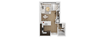 A top-down view of a small, neatly organized apartment  at Spyglass Hill Apartments, Bremerton, 98337