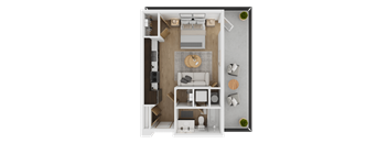 A top-down view of a small, neatly organized apartment with a kitchen, living room, and bathroom  at Spyglass Hill Apartments, Bremerton, 98337