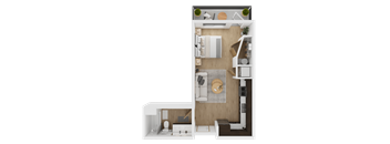 A top-down view of a small apartment with a kitchen, living room, and bathroom  at Spyglass Hill Apartments, Bremerton, 98337