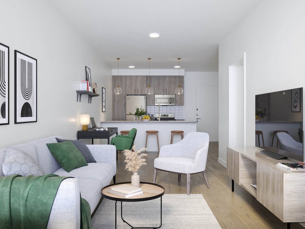 a rendering of a living room with a kitchen in the background at Rivulet, Silverdale, WA