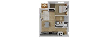 A top-down view of a small apartment with a kitchen, living room, and bathroom.