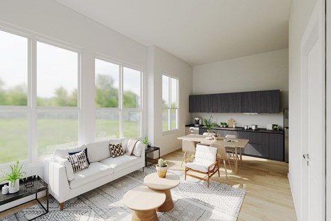 A modern living room with a white sofa and a dining table.