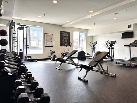 A gym with a variety of equipment including dumbbells, benches, and treadmills  at Spyglass Hill Apartments, Bremerton, 98337