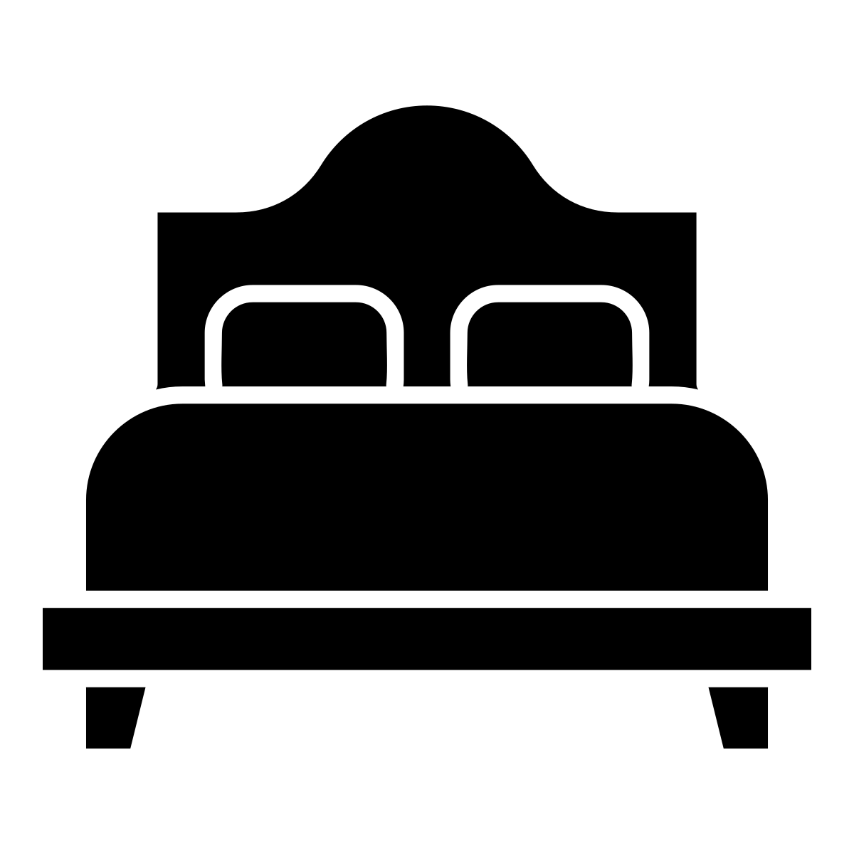 A simple black and white silhouette of a bed with a headboard and footboard.