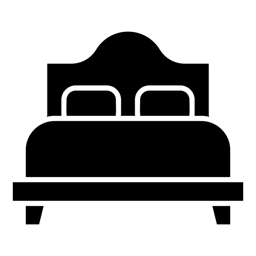 A simple black and white silhouette of a bed with a headboard and footboard.