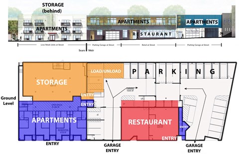 A floor plan of a building with apartments, a restaurant, and parking.