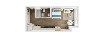 A small room with a bed, a couch, and a shelf with various items on it.
