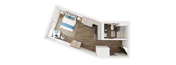 A top-down view of a bedroom with a bed, nightstand, and a desk with a chair.