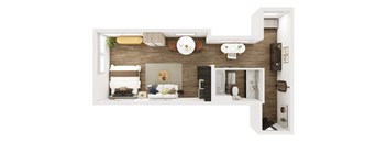 A modern living room with a white couch and a wooden wall.