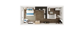 A neatly arranged bedroom with a bed, nightstand, and a small desk area.