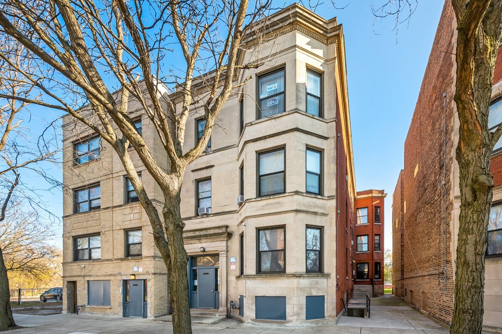 a tall building with a tower and a tree in front of it