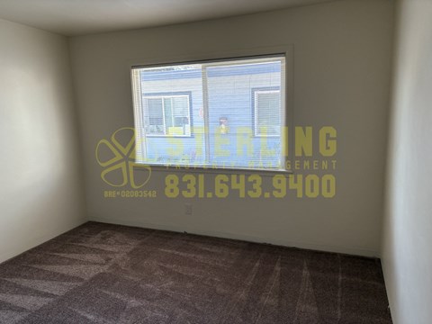 A room with a carpeted floor and a window showing a building outside.