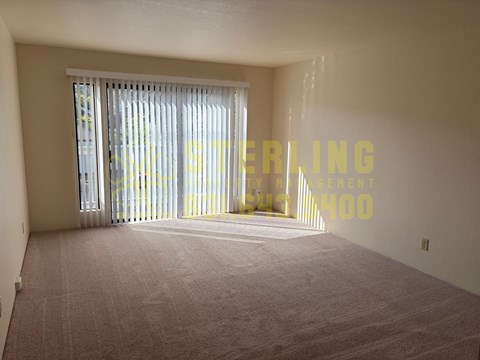 A room with a carpeted floor and a window with blinds.