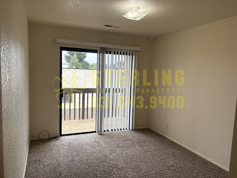 A room with a carpeted floor and a sliding glass door leading to a balcony.