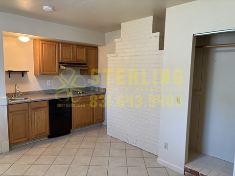 A kitchen with wooden cabinets and a black trash can.