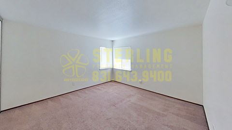 A room with a carpeted floor and a wall with a partially visible word "STELLING" on it.