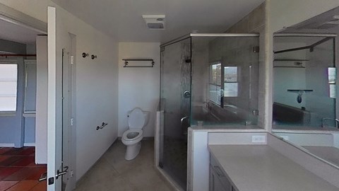 a bathroom with a shower toilet and a sink