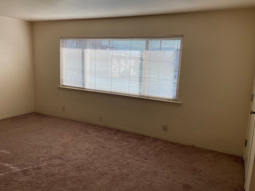 a room with a large window and a carpeted floor
