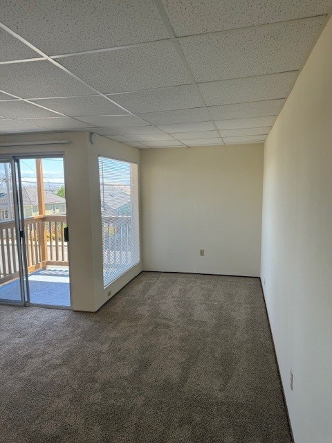 A room with a carpeted floor and a sliding glass door.