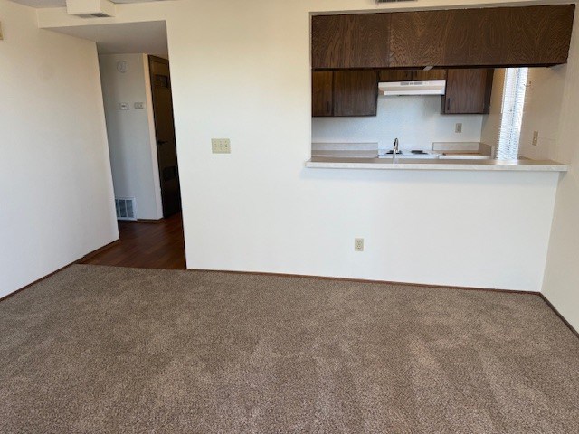 A room with a carpeted floor and a kitchen area in the background.