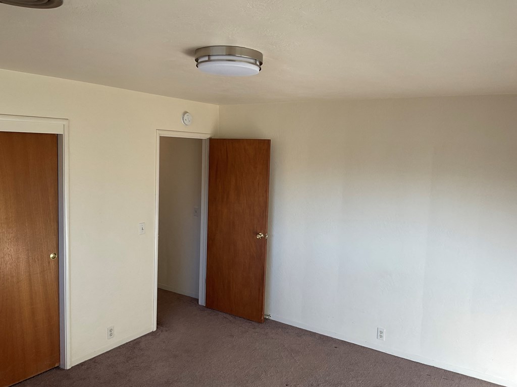 an empty living room with a door to a closet and a ceiling light
