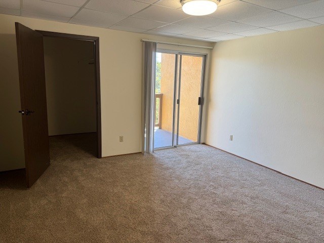 A room with a carpeted floor, a closed door on the left, and an open door on the right.