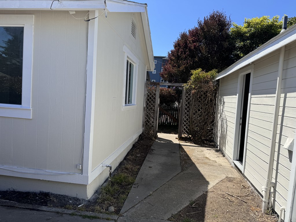 the side of a house with a walkway and a garage door