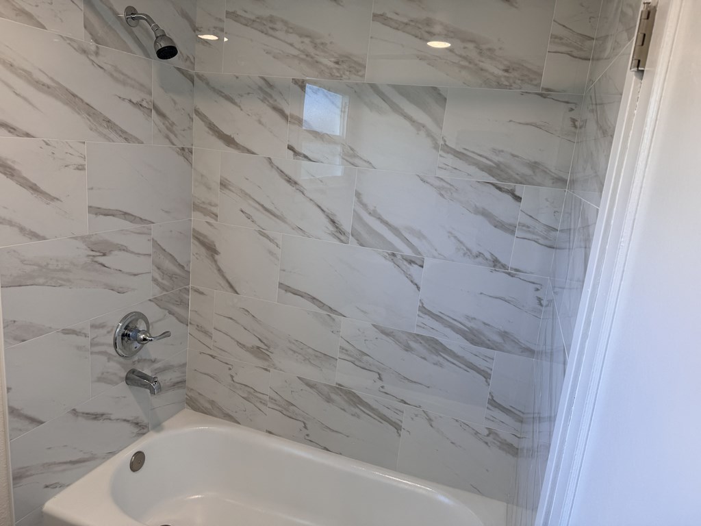 a bathroom with a shower and a bath tub