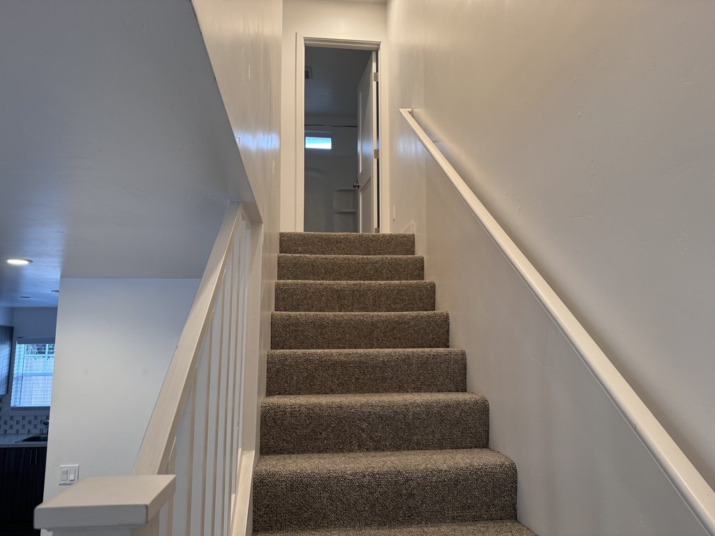 A staircase with a carpeted runner and white balusters.