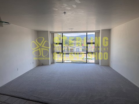 A room with a carpeted floor and a large window with a view of the outside.