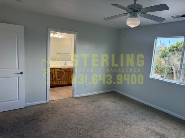 A room with a ceiling fan and a window showing a view of trees outside.
