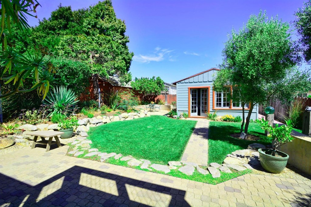 a backyard with a lawn and a house