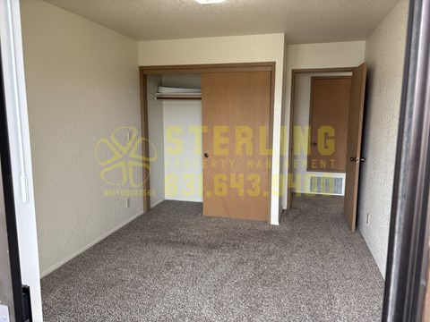 A carpeted room with a closet and a door.
