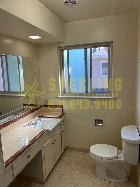 A bathroom with a toilet, sink, and mirror.