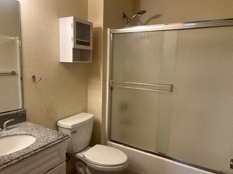 a bathroom with a shower and a toilet and a sink