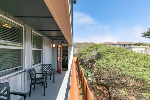 two pictures of a balcony with chairs and a patio