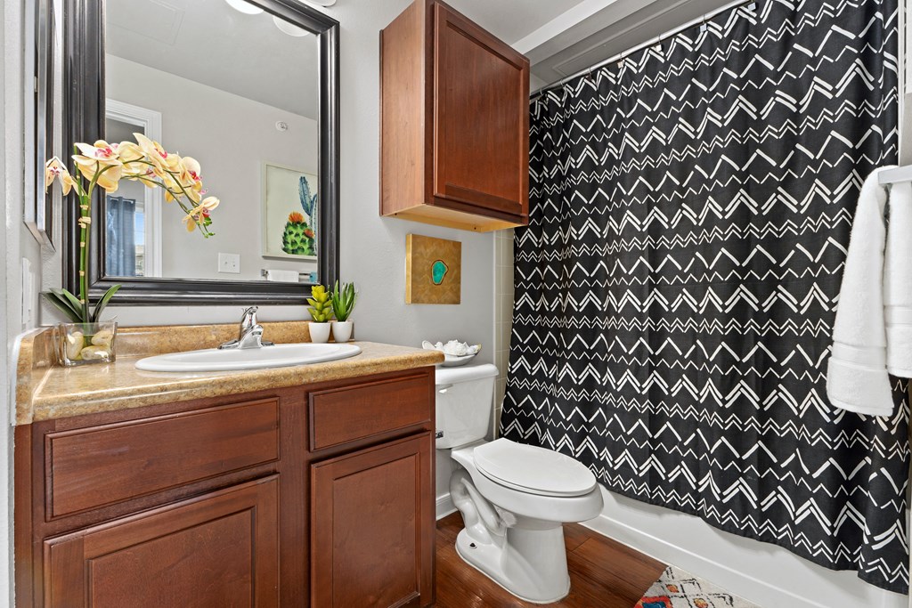 a bathroom with a white toilet and a black and white at Bella Madera Apartments, Lewisville, TX
