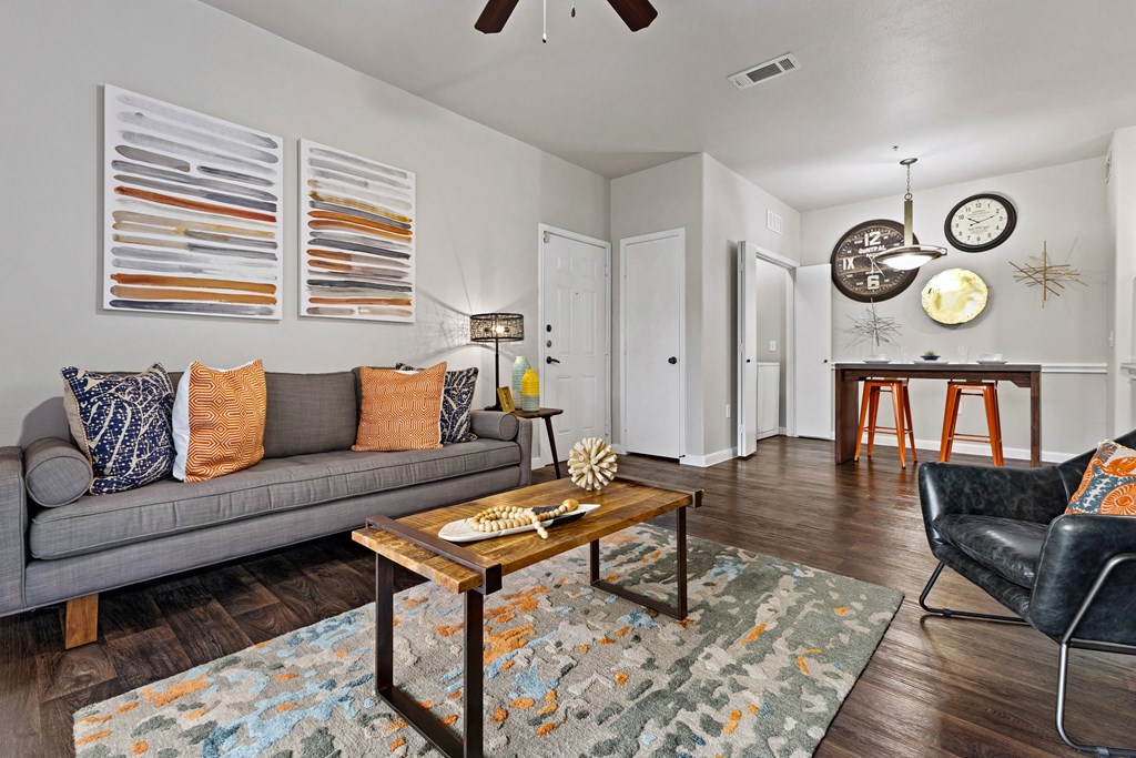 a living room with a couch and a coffee table at Bella Madera Apartments, Lewisville, 75056