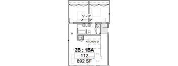 a floor plan of a small house with a bathroom and a kitchen